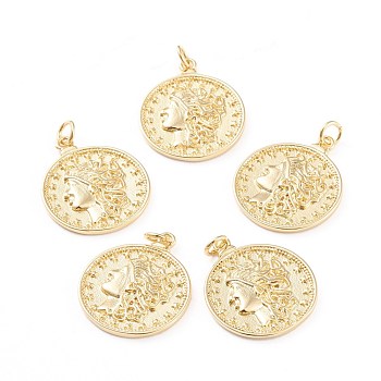 Brass Pendants, with Jump Rings, Long-Lasting Plated, Flat Round with Human, Real 18K Gold Plated, 21.8x18x2mm, Hole: 2.8mm