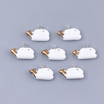 Handmade Porcelain Charms, Bright Glazed Porcelain, with Brass Findings, Whale, Platinum, White, 13x19.5x4.5mm, Hole: 1.5mm