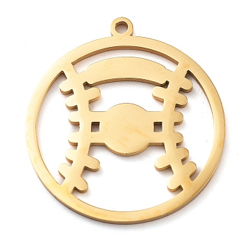 304 Stainless Steel Pendants, Laser Cut, Flat Round with Baseball Charm, Real 18K Gold Plated, 26.5x24x1mm, Hole: 1.5mm