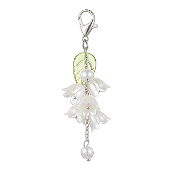 Acrylic Pendant Decorations, with Glass Imitation Pearl Beads and Alloy Lobster Claw Clasps, Flower with Leaf, Beige, 70mm