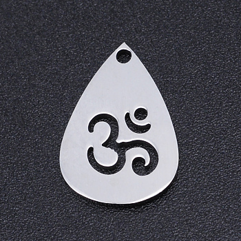Chakra Theme, 201 Stainless Steel Laser Cut Pendants, teardrop, with Aum/Om Symbol, Stainless Steel Color, 15x10x1mm, Hole: 1.2mm