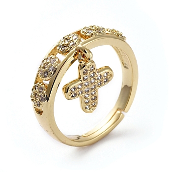 Adjustable Brass Cuff Rings, Open Rings, with Micro Pave Cubic Zirconia and Charms, Cross, Golden, Size 7, 17mm