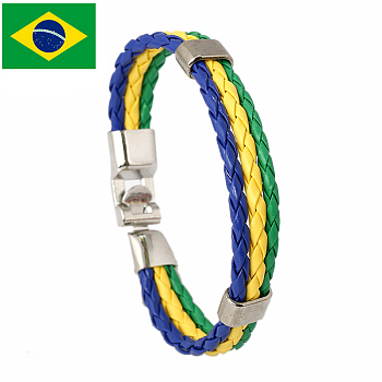 Flag Color Imitation Leather Triple Line Cord Bracelet with Alloy Clasp, Brazil Theme Jewelry for Women, Medium Blue, 8-5/8 inch(22cm)