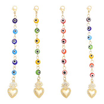 1 Set Lampwork Beaded Evil Eye Pendant Decorations, Lobster Clasp Charms, Clip-on Charms, for Keychain, Purse, Backpack Ornament, Sacred Heart, Mixed Color, 110mm, 4pcs/set