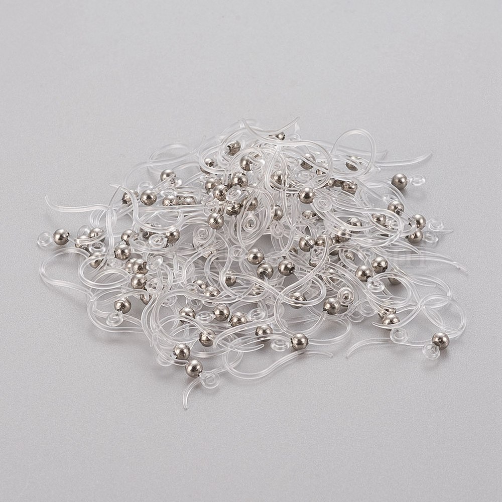 Eco-Friendly Plastic Earring Hooks, with 304 Stainless Steel Beads and  Horizontal Loop, Round, Silver, 15.5x8x0.7mm, Hole: 1.2mm, 24 Gauge, Pin:  0.5mm