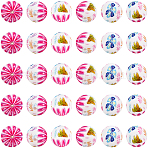 30Pcs Printed Round with Flower Pattern Silicone Focal Beads, White, 15mm, Hole: 2mm(SIL-SC0002-84G)