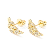 Clear Cubic Zirconia Feather Stud Earrings, Brass Jewelry for Women, Cadmium Free & Nickel Free & Lead Free, Real 18K Gold Plated, 13x6mm, Pin: 0.6mm(EJEW-P196-15G)