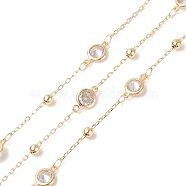 Clear Cubic Zirconia Flat Round Link Chains, with Brass Satellite Chains, Soldered, with Spools, Cadmium Free & Lead Free, Real 14K Gold Plated, 11x7x2.5mm, 3.5mm, 2x1.5x0.4mm(CHC-P009-09G)