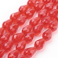 Glass Beads Strands, Faceted, teardrop, Red, 15x10mm, Hole: 2mm, about 48pcs/strand, 27.56 inch(70cm)(GLAA-R024-15x10mm-14)