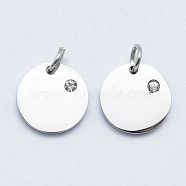 316 Surgical Stainless Steel Pendants, with Cubic Zirconia, Flat Round, Clear, Stainless Steel Color, 12x2mm, Hole: 3mm(STAS-J038-06P)