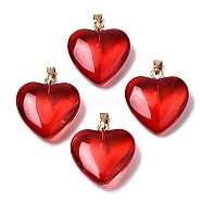 Transparent Spray Painted Glass Pendants, with Golden Plated Iron Bails, Heart, Red, 22x20.5x7mm, Hole: 6x2mm(X-GLAA-N035-016-F01)