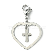 201 & 304 Stainless Steel Heart & Tiny Cross Pendant Decorations, with Lobster Claw Clasps, Stainless Steel Color, 36mm(HJEW-JM01540)