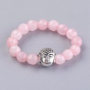 Natural Rose Quartz Stretch Rings, with Alloy Buddha Beads, Faceted, Round, Antique Silver, Size 8, 18mm(RJEW-JR00223-03)