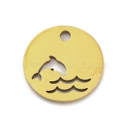 201 Stainless Steel Charms, Laser Cut, Flat Round with Dolphin Charm, Golden, 12x1mm, Hole: 1.5mm(STAS-U016-11G)