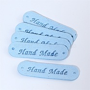 Microfiber Leather Labels, Handmade Embossed Tag, with Holes, for DIY Jeans, Bags, Shoes, Hat Accessories, Rectangle with Word Handmade, Light Sky Blue, 12x45mm(DIY-TAC0005-55C)