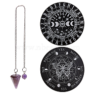 Gorgecraft Butterfly/Moon Phase Pattern Wooden Flat Round Pendulum Board, with Natural Amethyst Cone Shape Drowsing Pendulum, Mixed Patterns, Planchette: 150x3mm, 2pcs; Pendulum: 242x2.7mm, 1pc(AJEW-GF0006-87B)