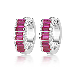 Cubic Zirconia Hoop Earrings, Rhodium Plated 925 Sterling Silver Earrings for Women, with S925 Stamp, Platinum, Medium Violet Red, 10x3mm(DI7487-07)