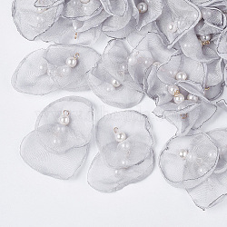 Organza Fabric Pendants, with Iron Findings and ABS Plastic Imitation Pearl, Light Gold, Light Grey, 40~55x43~53mm, Hole: 2mm(X-FIND-S303-02S)