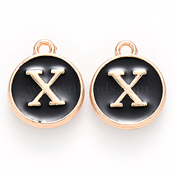 Golden Plated Alloy Charms, Cadmium Free & Lead Free, with Enamel, Enamelled Sequins, Flat Round with Letter, Black, Letter.X, 14x12x2mm, Hole: 1.5mm(X-ENAM-S118-02X)