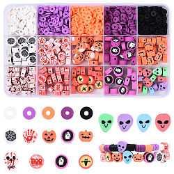 15 Styles Halloween Theme Handmade Polymer Clay Beads, Mixed Shapes, Mixed Color, 6~12x6~11x1~5mm, Hole: 1.5~2mm(CLAY-YW0002-59)