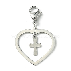 Tarnish Resistant 201 & 304 Stainless Steel Heart & Tiny Cross Pendant Decorations, with Lobster Claw Clasps, Stainless Steel Color, 36mm(HJEW-JM01540)