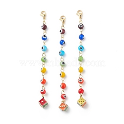 7 Chakra Handmade Lampwork Evil Eye Beaded Pendant Decorations, with Alloy Enamel Dice and 304 Stainless Steel Lobster Claw Clasps, Mixed Color, 110mm(HJEW-JM00796)