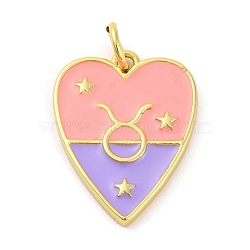 Brass Enamel Pendants, with Jump Ring, Real 14K Gold Plated, Heart with Twelve Constellations Charm, Taurus, 19x14.5x2mm, Hole: 3mm(KK-Z077-01G-02)