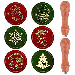 Christmas Theme 6Pcs  Brass Wax Seal Stamp Head, with 2Pcs Pear Wood Handle, for Wax Seal Stamp, Wedding Invitations Making, Chemistry Theme Pattern, 8pcs/set(AJEW-CP0001-87C)