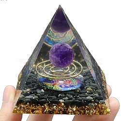 Resin Orgonite Pyramid, for Positive Energy Tower with Amethyst Healing Stones, with Radom Color Brass Finding, Office Home Decor, 60x60x60mm(PW-WG40663-02)
