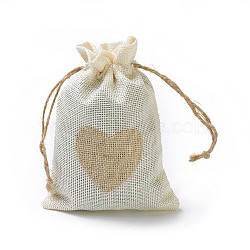 Burlap Packing Pouches, Drawstring Bags, Rectangle with Heart, Antique White, 14.2~14.5x10cm(ABAG-I001-03A)