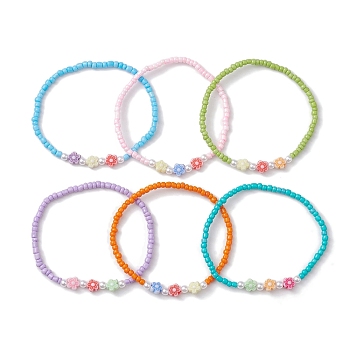 6Pcs 6 Colors Flower Acrylic Stretch Bracelets, Glass Seed Beaded Stretch Bracelets for Women, Mixed Color, Inner Diameter: 2 inch(5cm), 1pc/color