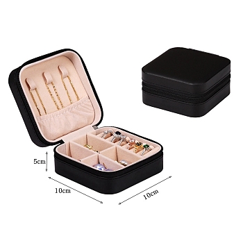 PU Leather Jewelry Zipper Boxes, with Velvet Inside, for Rings, Necklaces, Earrings, Rings Storage, Square, Black, 100x100x50mm