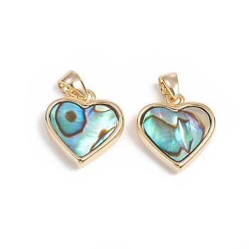 Natural Abalone Shell/Paua Shell Charms, with Golden Plated Brass Findings, Long-Lasting Plated, Heart, 12x12x3mm, Hole: 3x2.5mm