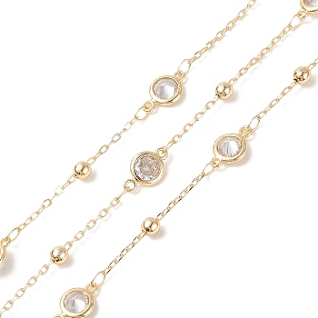 Clear Cubic Zirconia Flat Round Link Chains, with Brass Satellite Chains, Soldered, with Spools, Cadmium Free & Lead Free, Real 14K Gold Plated, 11x7x2.5mm, 3.5mm, 2x1.5x0.4mm