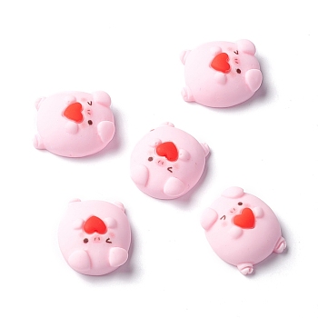 Resin Cabochons, Pig with Heart, Pink, 19x17x8.5mm