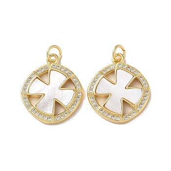 Brass Micro Pave Clear Cubic Zirconia Pendants, with Shell, Real 18K Gold Plated, Clover, 21x17.5x3mm, Hole: 3mm