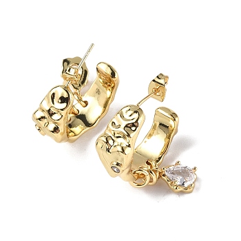Clear Cubic Zirconia Ring with Teardrop Dangle Stud Earrings, Brass Half Hoop Earrings for Women, Real 18K Gold Plated, 31x22x9.5mm, Pin: 0.8mm