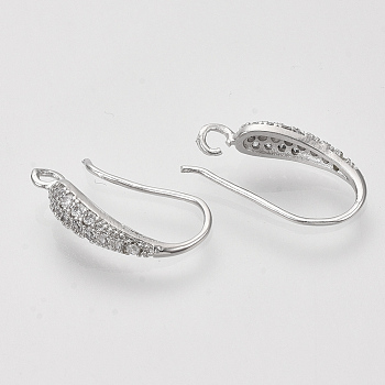 Brass Micro Pave Cubic Zirconia Earring Hooks, with Horizontal Loop, Nickel Free, Clear, Real Platinum Plated, 19~20x10~11x4mm, Hole: 2mm, 21 Gauge, Pin: 0.7mm