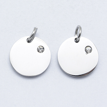316 Surgical Stainless Steel Pendants, with Cubic Zirconia, Flat Round, Clear, Stainless Steel Color, 12x2mm, Hole: 3mm