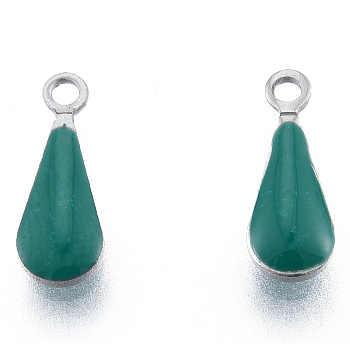 304 Stainless Steel Enamel Charms, Stainless Steel Color, Teardrop, Teal, 12x4.5x2mm, Hole: 1.2mm