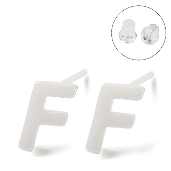 Hypoallergenic Bioceramics Zirconia Ceramic Stud Earrings, No Fading and Nickel Free, Alphabet, Letter F, 7x4mm