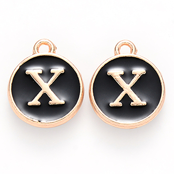Golden Plated Alloy Charms, Cadmium Free & Lead Free, with Enamel, Enamelled Sequins, Flat Round with Letter, Black, Letter.X, 14x12x2mm, Hole: 1.5mm