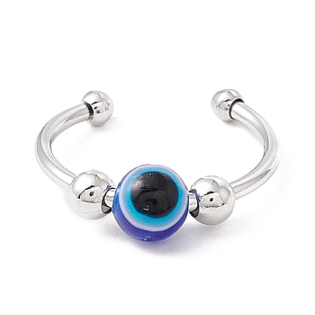 Round Evil Eye Rotating Beaded Open Cuff Ring, Brass Ball Rotatable Anti Anxiety Spinner Rings, Blue, US Size 4 1/4(15mm)