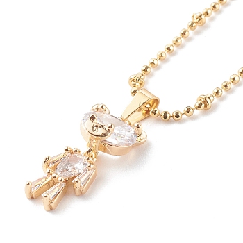 Brass Micro Pave Clear Cubic Zirconia Bear Pendant Necklaces, with Brass Ball Chains, Real 18K Gold Plated, 15.75 inch(40cm)