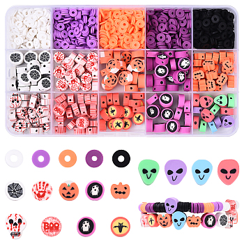 15 Styles Halloween Theme Handmade Polymer Clay Beads, Mixed Shapes, Mixed Color, 6~12x6~11x1~5mm, Hole: 1.5~2mm