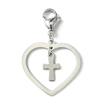 201 & 304 Stainless Steel Heart & Tiny Cross Pendant Decorations, with Lobster Claw Clasps, Stainless Steel Color, 36mm