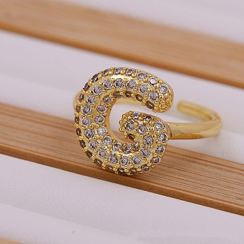 Brass Micro Pave Clear Cubic Zirconia Initial Cuff Rings, Golden, Letter G, Inner Diameter: Adjustable