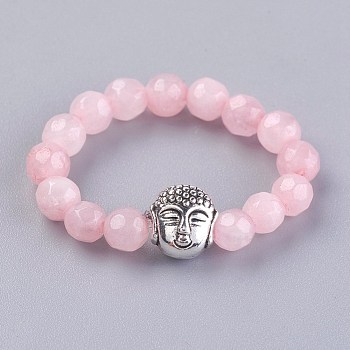 Natural Rose Quartz Stretch Rings, with Alloy Buddha Beads, Faceted, Round, Antique Silver, Size 8, 18mm