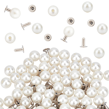 100 Sets ABS Plastic Imitation Pearl Rivet Studs, with Iron Findings, White, 6mm, Finding: 4x5mm