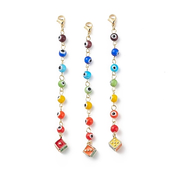 7 Chakra Handmade Lampwork Evil Eye Beaded Pendant Decorations, with Alloy Enamel Dice and 304 Stainless Steel Lobster Claw Clasps, Mixed Color, 110mm